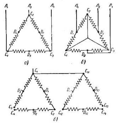 Схемы соединений и подключения двухскоростных обмоток. 2p=4/2, 1500/3000 об/мин.